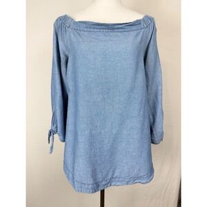 Free People Chambray Off Shoulder Women L Blue Good Tie Sleeve Boho